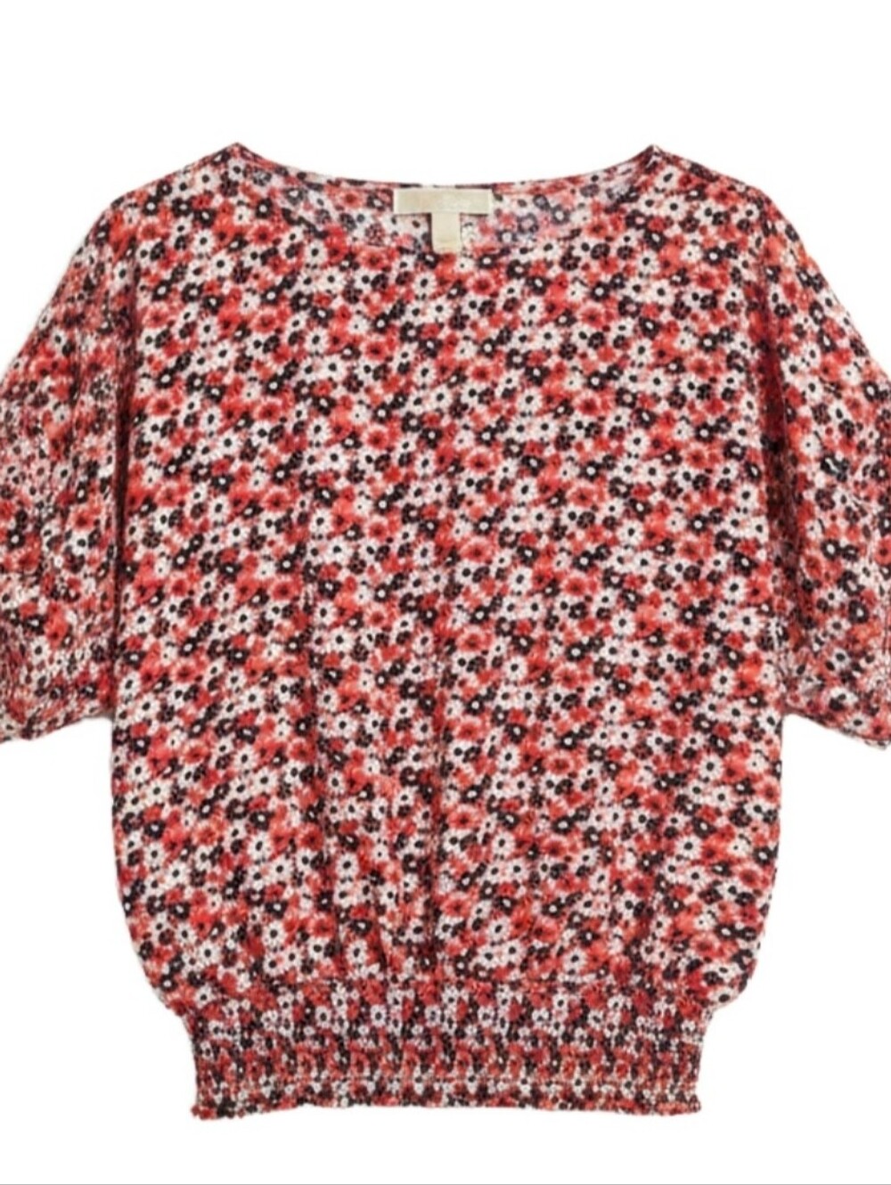 Michael Kors Red and Navy Floral Bubble-Hem Blouse